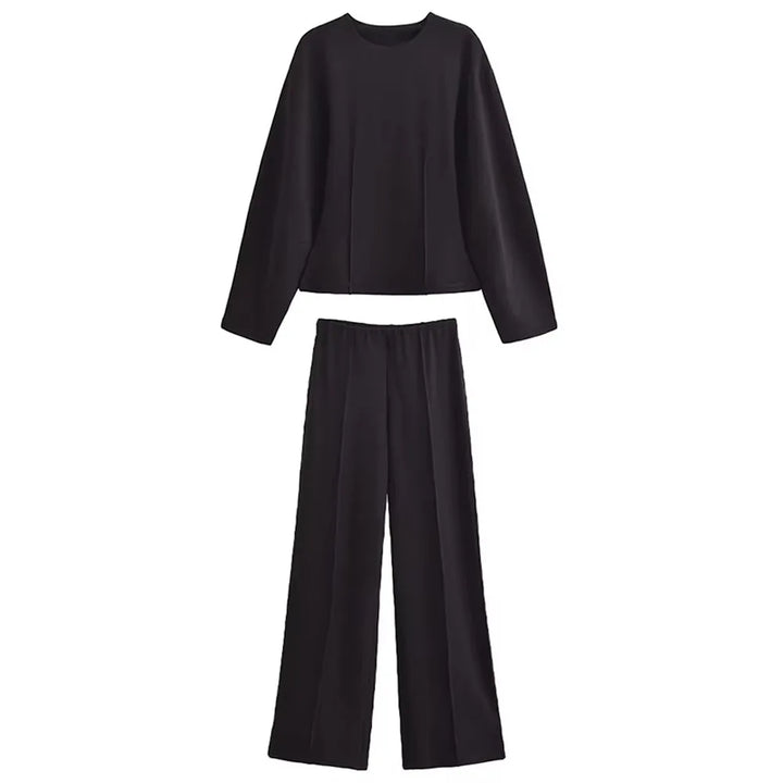 Damen Freizeit Set | Zweiteiliges Outfit mit Rundhalsoberteil | Weite Hose mit Nahtdetails | Lässiger Komfortlook