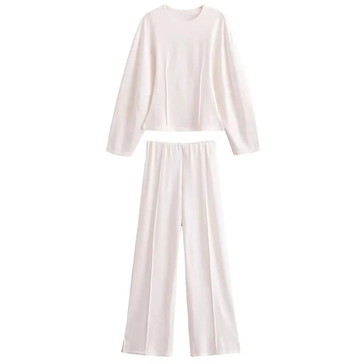 Damen Freizeit Set | Zweiteiliges Outfit mit Rundhalsoberteil | Weite Hose mit Nahtdetails | Lässiger Komfortlook