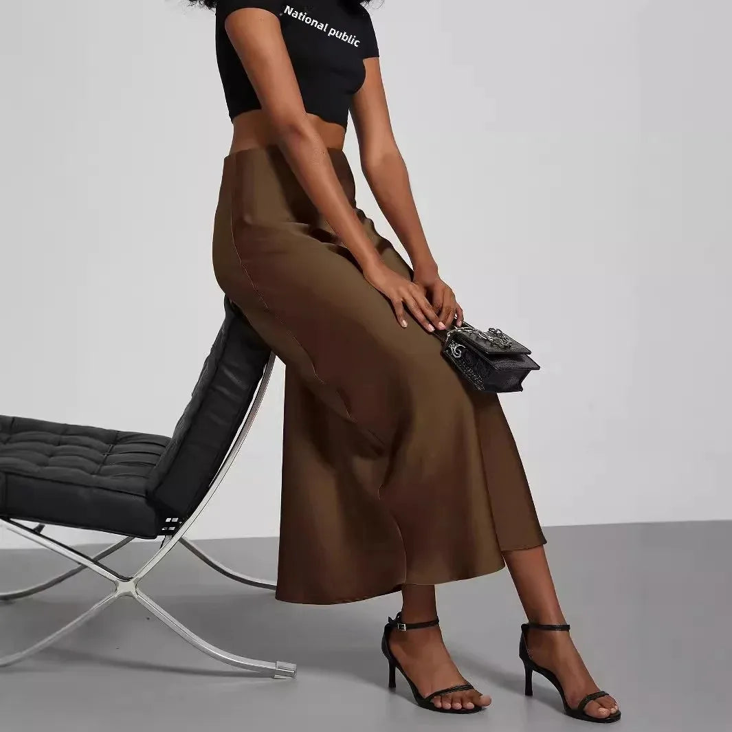 Damen High Waist Satinlook Rock Mit Schrägschnitt Ausgestellter Passform | Midi