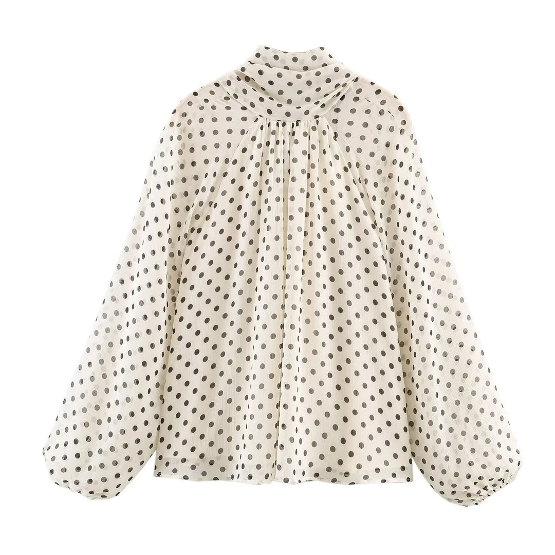 Damen Langarm Bluse mit Polka Dots Stehkragen lockere Passform | Gepunktet