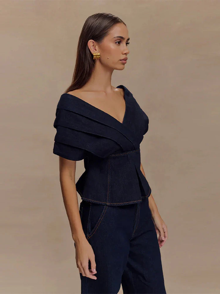 Damen Zweiteiler | Schulterfreies Peplum-Top und Hose mit Geradem Bein | Eleganter Moderner Stil