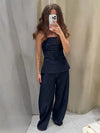 Damen Zweiteiler Set | Regular Fit Set | Bandeau Peplum Top und Weite Hose | Moderner Minimalistischer Stil