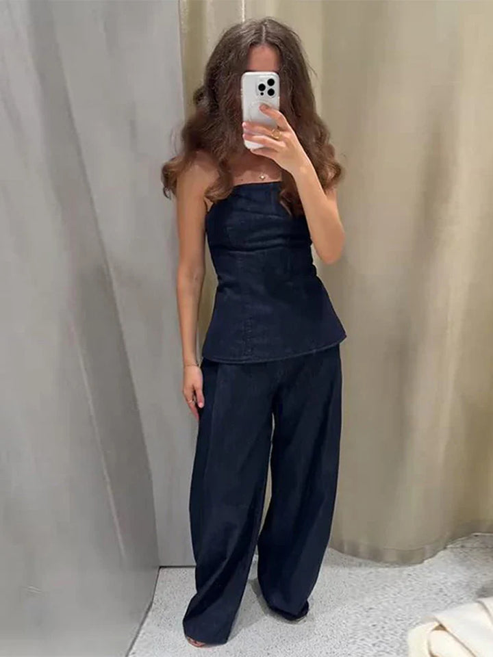 Damen Zweiteiler Set | Regular Fit Set | Bandeau Peplum Top und Weite Hose | Moderner Minimalistischer Stil
