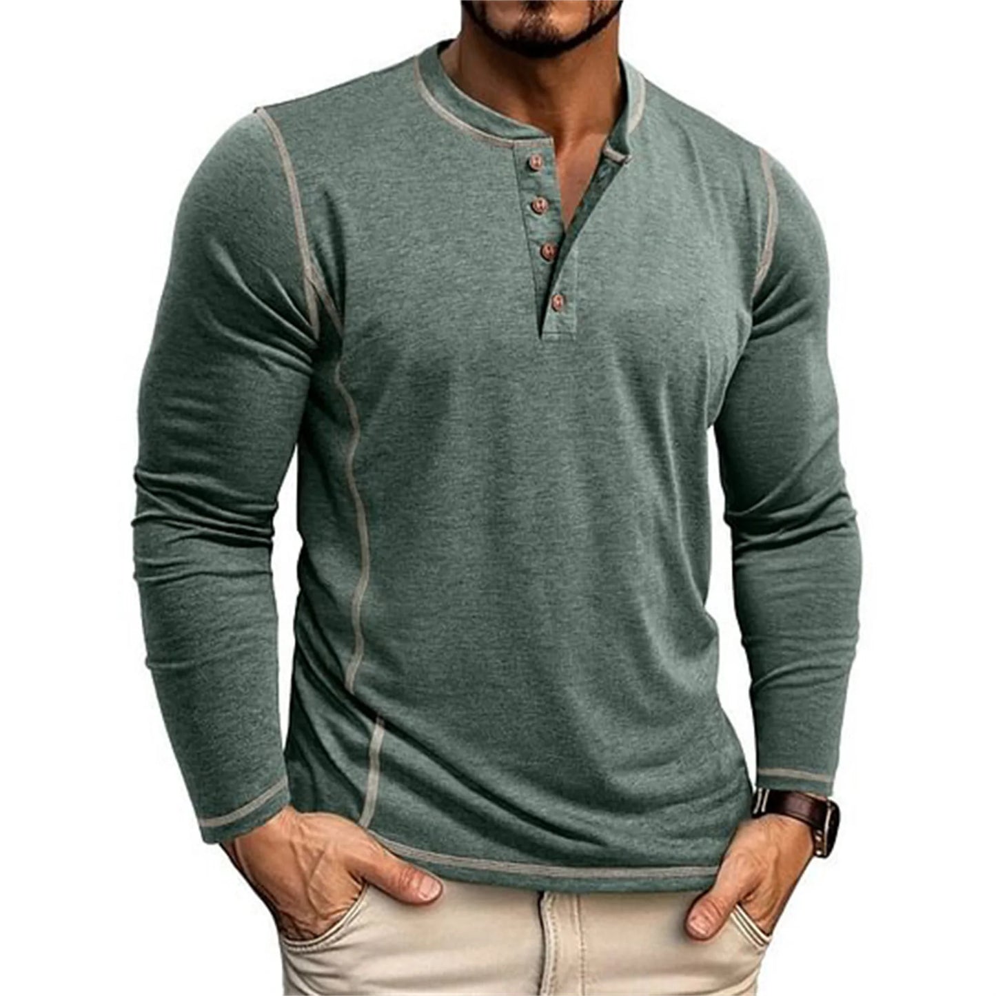 Maglietta Henley Uomo Manica Lunga Bottoni Scollo Cuciture a Contrasto Camicia | Quotidiana