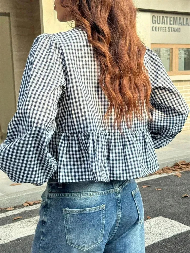 Damen Langarm Bluse mit Schleife vorne Gingham Peplum | Schleife