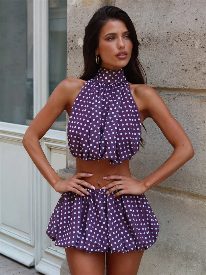 Damen zweiteiliges Set mit Neckholder Top und Minirock mit Bubble Saum | Rückenfreier Stil
