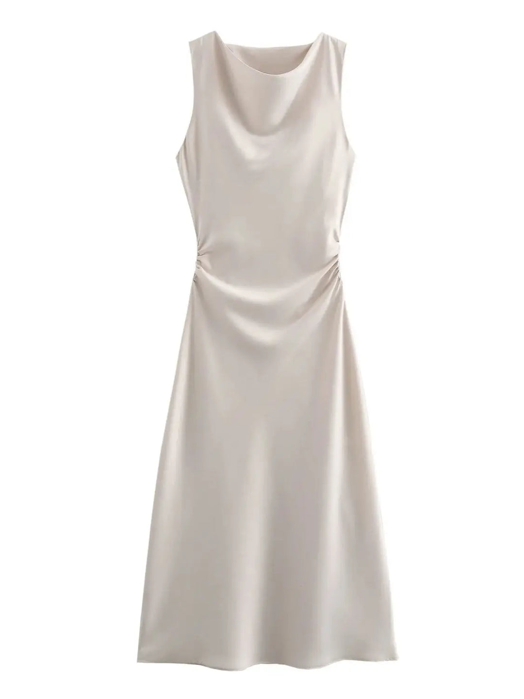 Damen Kleid Ärmellos Rundhals Geraffte Taille Kleid | Midi