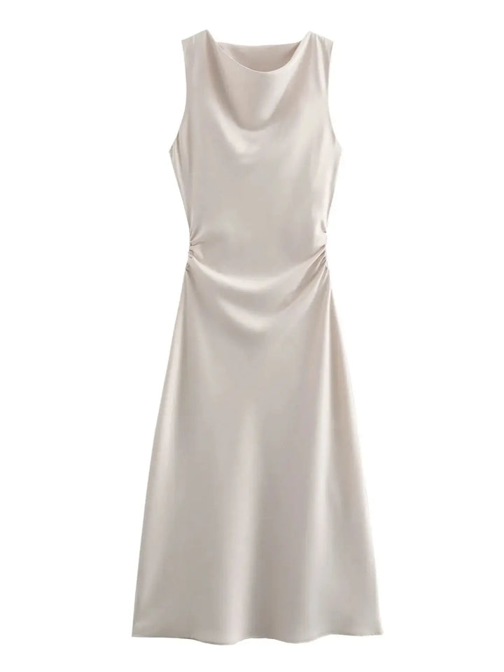 Damen Kleid Ärmellos Rundhals Geraffte Taille Kleid | Midi