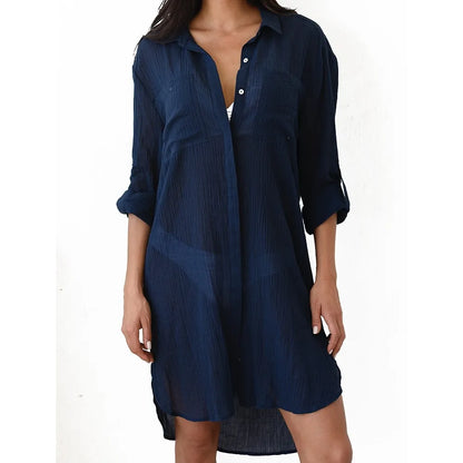Abito camicia donna lungo con bottoni, colletto, tasche sul petto, stile spiaggia | Spiaggia