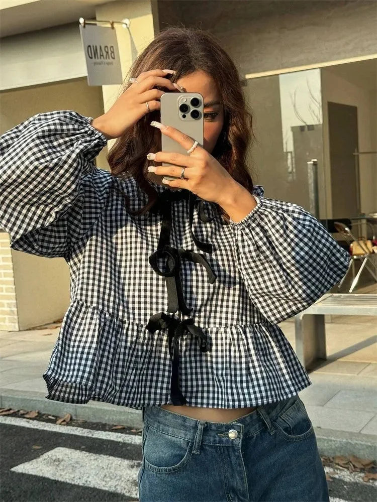 Damen Langarm Bluse mit Schleife vorne Gingham Peplum | Schleife