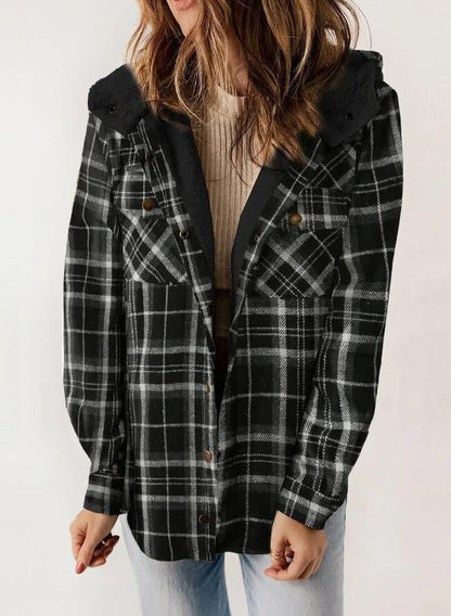 Skylar – Damen-Kapuzenmantel aus kariertem Flanell und Wollmischung