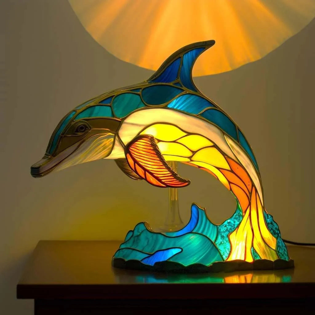 Tischlampe mit Tiermotiv, Buntglas 