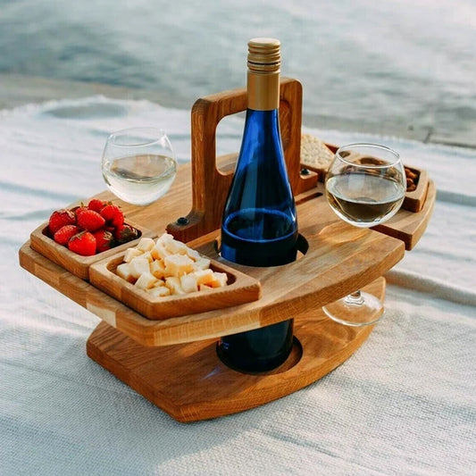 Tragbarer Holz-Weintisch Klappbar mit Snackfächern und Glashaltern – Ideal für Picknick und Outdoor-Veranstaltungen