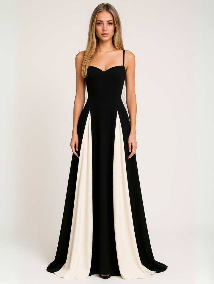 Damen Maxikleid | Schmale Passform mit Spaghettiträgern | Kontrastdesign | Eleganter Anlasslook