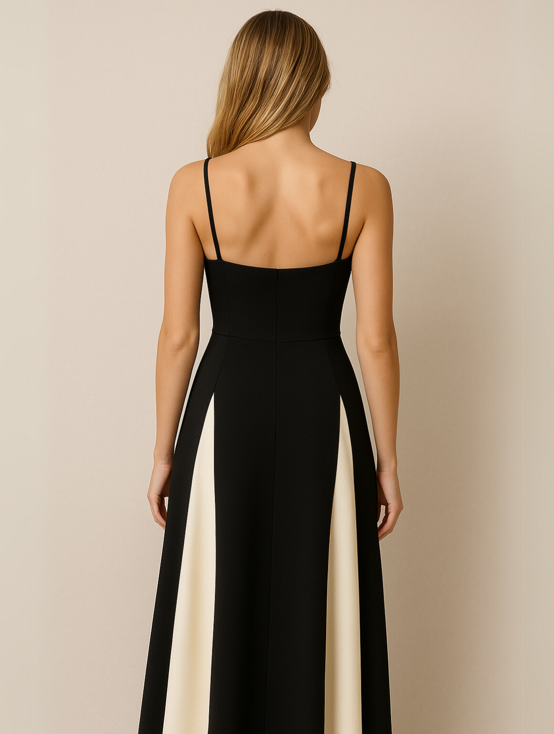 Damen Maxikleid | Schmale Passform mit Spaghettiträgern | Kontrastdesign | Eleganter Anlasslook