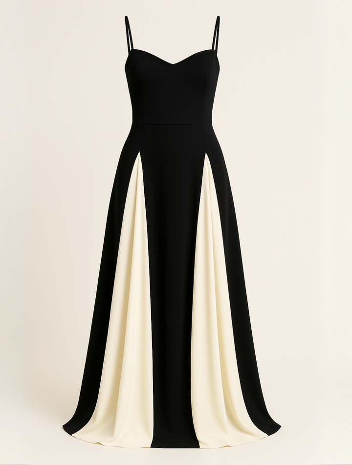 Damen Maxikleid | Schmale Passform mit Spaghettiträgern | Kontrastdesign | Eleganter Anlasslook