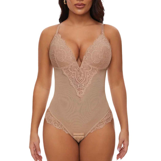 V-förmiger Shapewear-Bodysuit aus Spitze – Atmungsaktiv, Leicht, Verstellbare Träger, Doppellagige Cups, Nahtloser Look