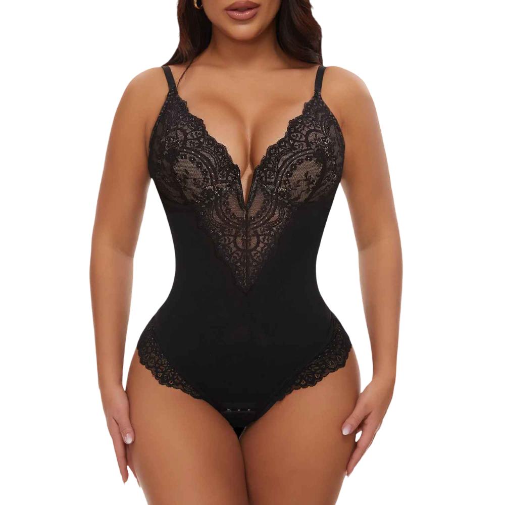 V-förmiger Shapewear-Bodysuit aus Spitze – Atmungsaktiv, Leicht, Verstellbare Träger, Doppellagige Cups, Nahtloser Look