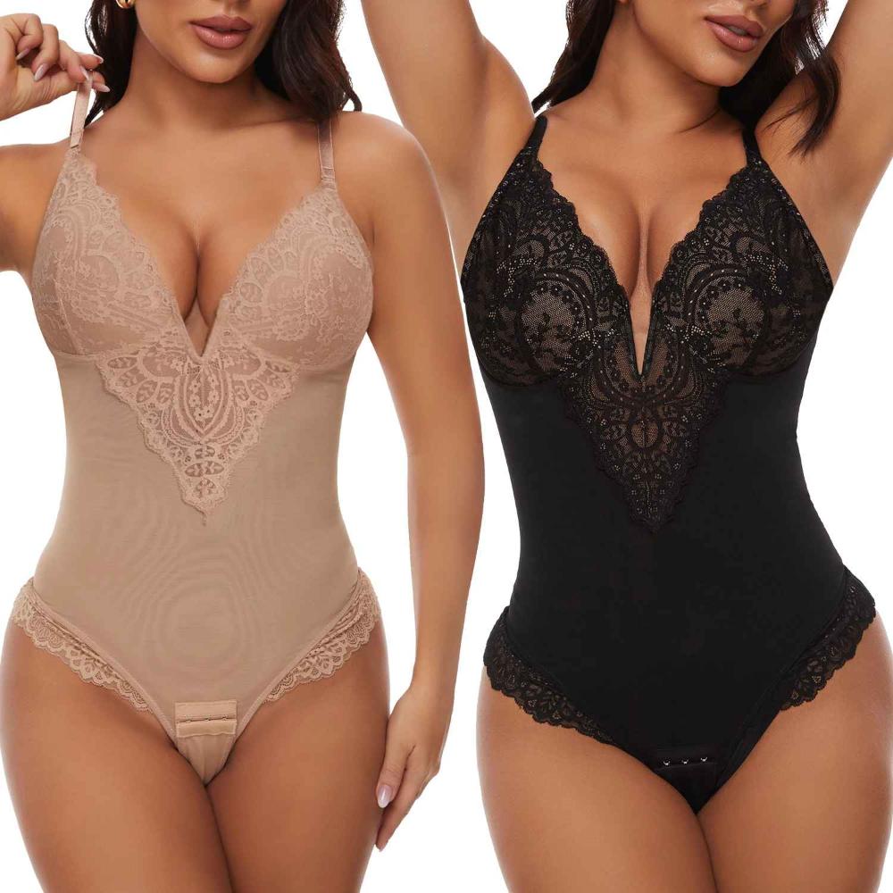 V-förmiger Shapewear-Bodysuit aus Spitze – Atmungsaktiv, Leicht, Verstellbare Träger, Doppellagige Cups, Nahtloser Look
