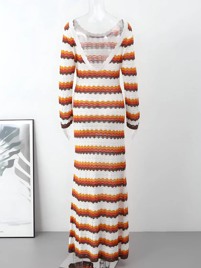Damen Langarm Schlagärmel Gestreiftes Kleid | Maxi