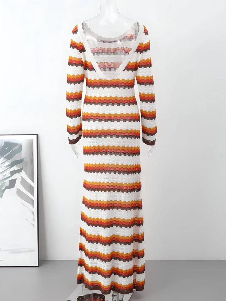 Damen Langarm Schlagärmel Gestreiftes Kleid | Maxi