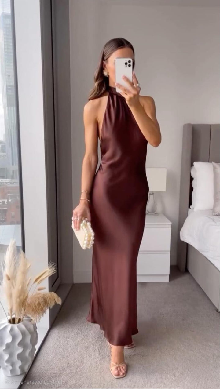 Damen Maxikleid | Schmale Passform mit Neckholder | Offenes Rückendesign | Eleganter Anlasslook