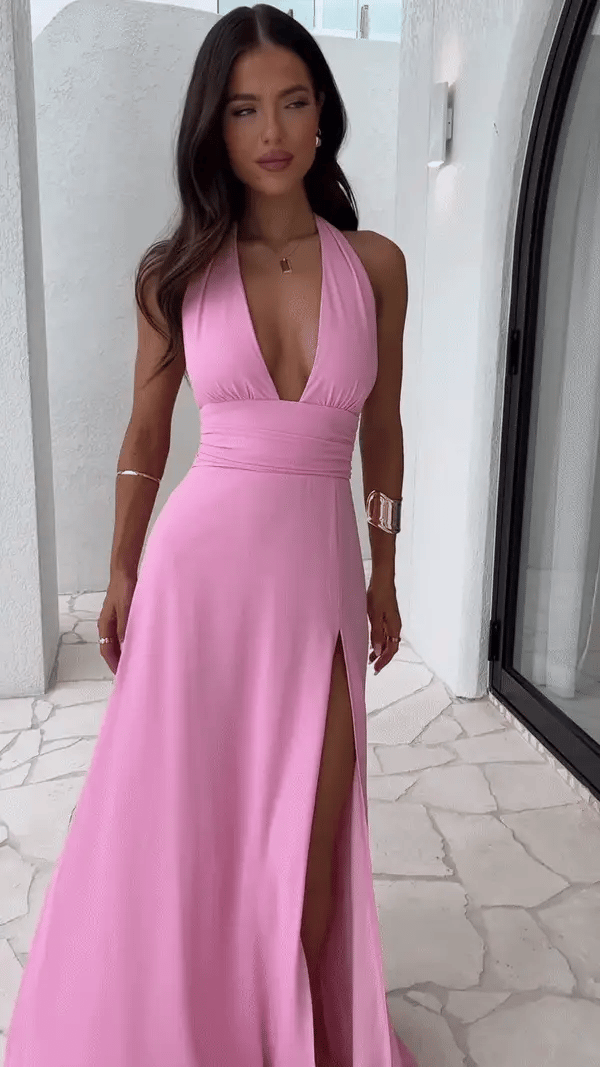 Damen Ärmelloses Halterneck Kleid Mit Hohem Schlitz | Lang
