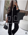 Zweiteiliges Damen-Set – Wollmischung – Lockere Passform – Kontrastbesatz – Aufgesetzte Taschen