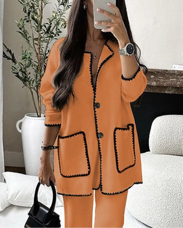 Zweiteiliges Damen-Set – Wollmischung – Lockere Passform – Kontrastbesatz – Aufgesetzte Taschen