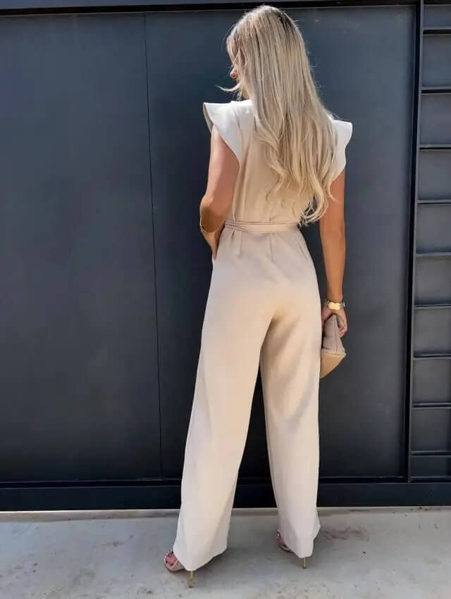 Damen Jumpsuit mit eckigem Ausschnitt Spitzendetails und ausgestelltem Bein | Langarm