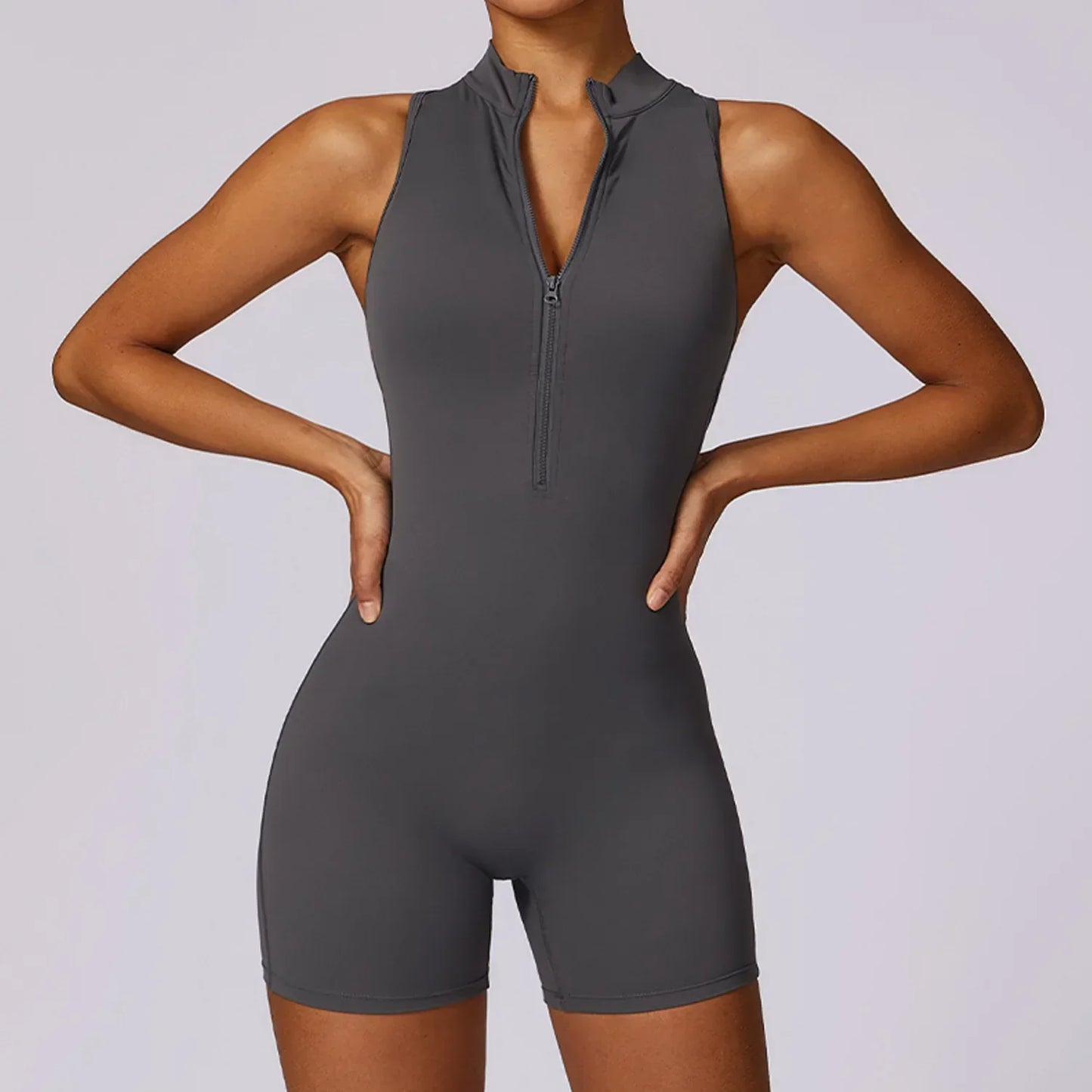 Ärmelloser Fitness Jumpsuit für Damen mit Reißverschluss