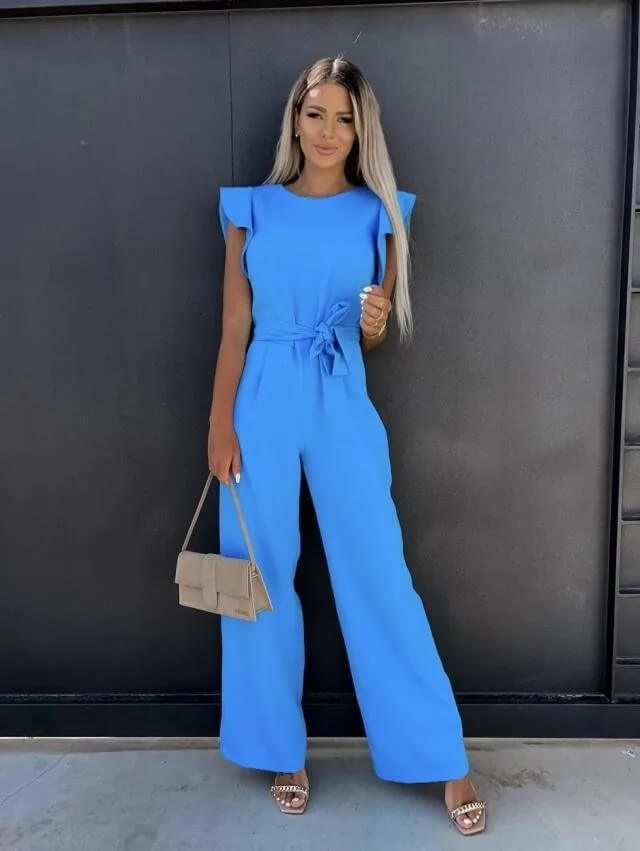 Damen Jumpsuit mit eckigem Ausschnitt Spitzendetails und ausgestelltem Bein | Langarm