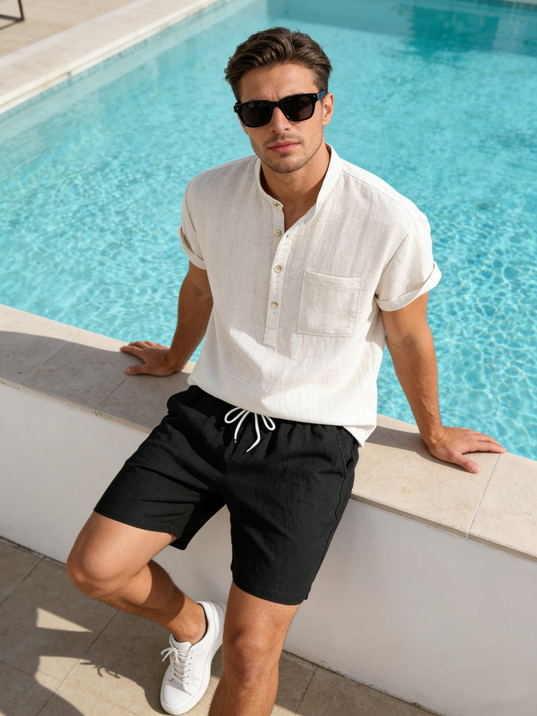 Herren Sommer Set | Relaxed Fit Zweiteiler | Kurzarm Henley Shirt und Shorts | Lässiger Freizeitstil