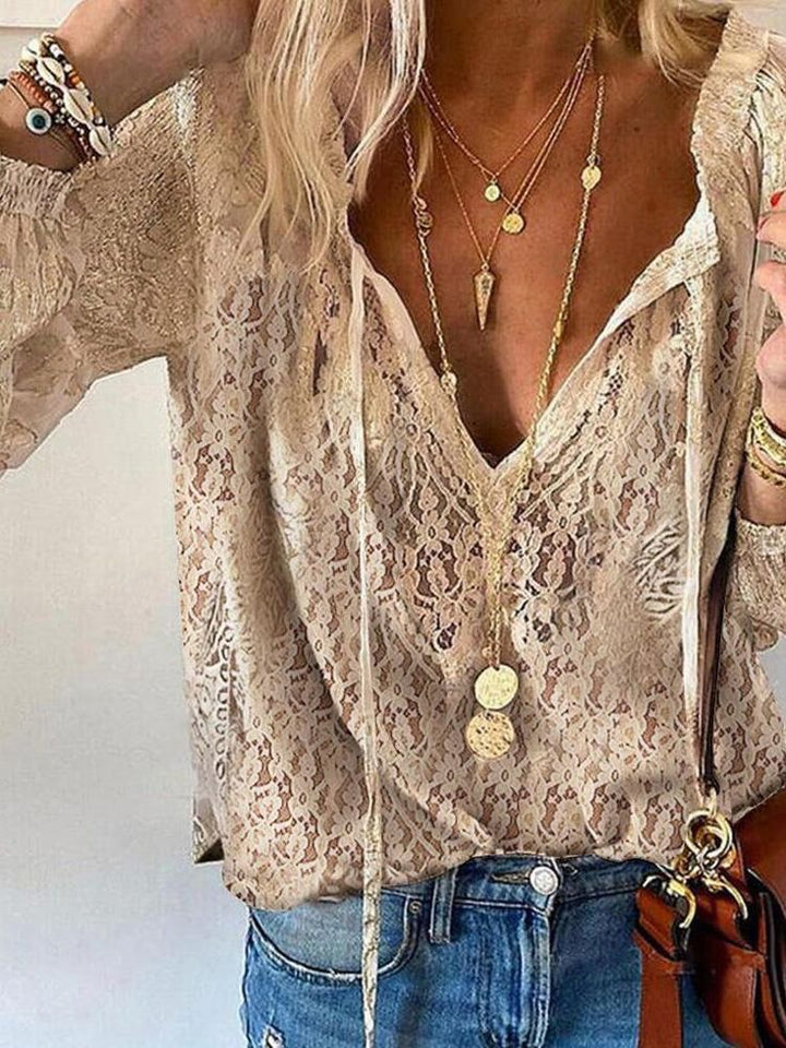 Damen Bluse | Lockere Passform | Bluse mit Spitzenoptik | Boho Freizeitlook