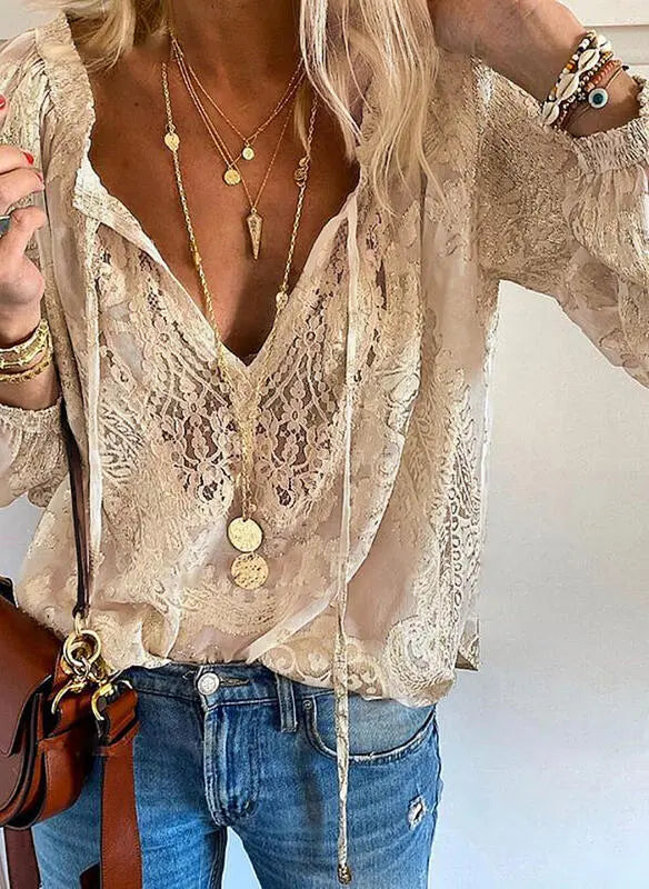 Damen Bluse | Lockere Passform | Bluse mit Spitzenoptik | Boho Freizeitlook