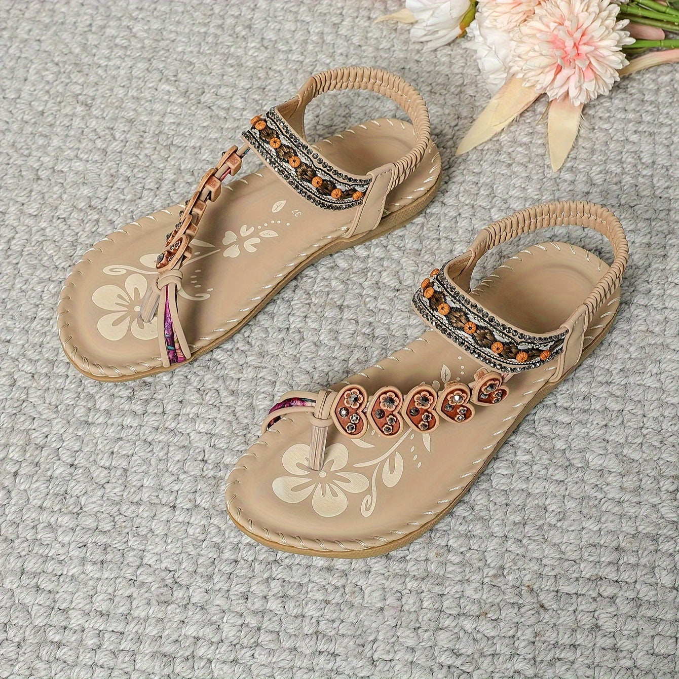Sandali Boho Donna con Perline, Cinturini, Punta Aperta, Sandali Bassi | Anello per Dita dei Piedi