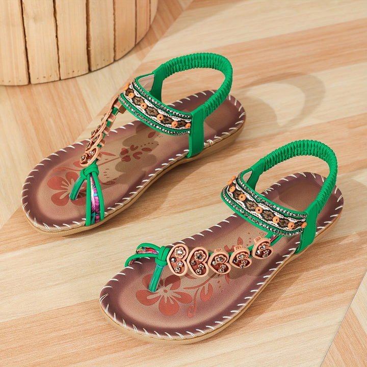 Damen Boho Sandalen Perlen Riemen Offene Zehen Flache Sandalen | Zehenring