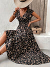 Damen A-Linien Kleid mit Blumendruck und Rüschenärmeln, festliche Kleider für Frühling und Sommer