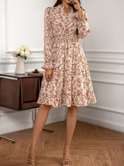 Damen Blumenkleid Elegant V-Ausschnitt mit Langen Ärmeln – Festliches Kleid für Hochzeitsgast und Anlässe