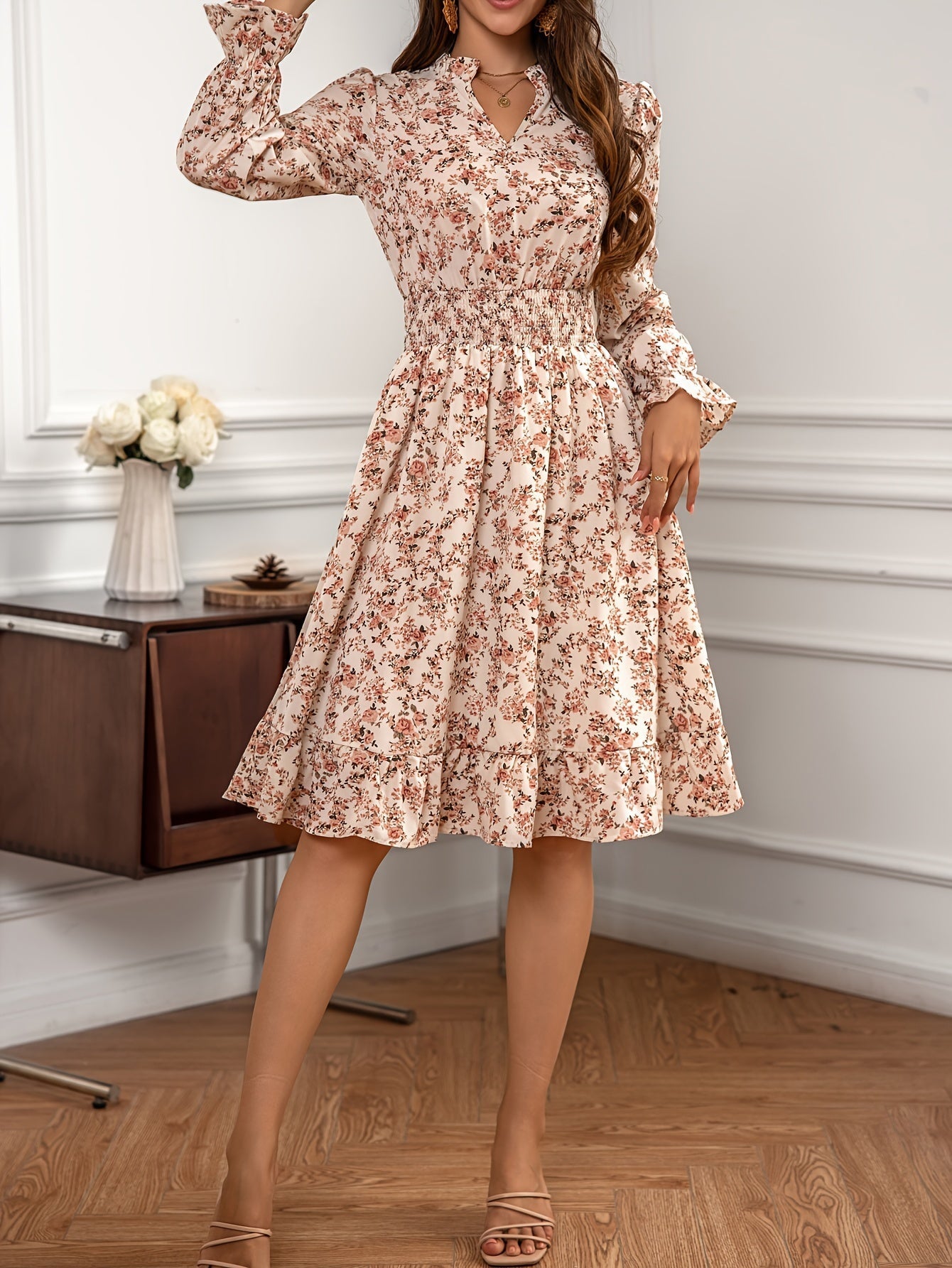 Damen Blumenkleid Elegant V-Ausschnitt mit Langen Ärmeln – Festliches Kleid für Hochzeitsgast und Anlässe