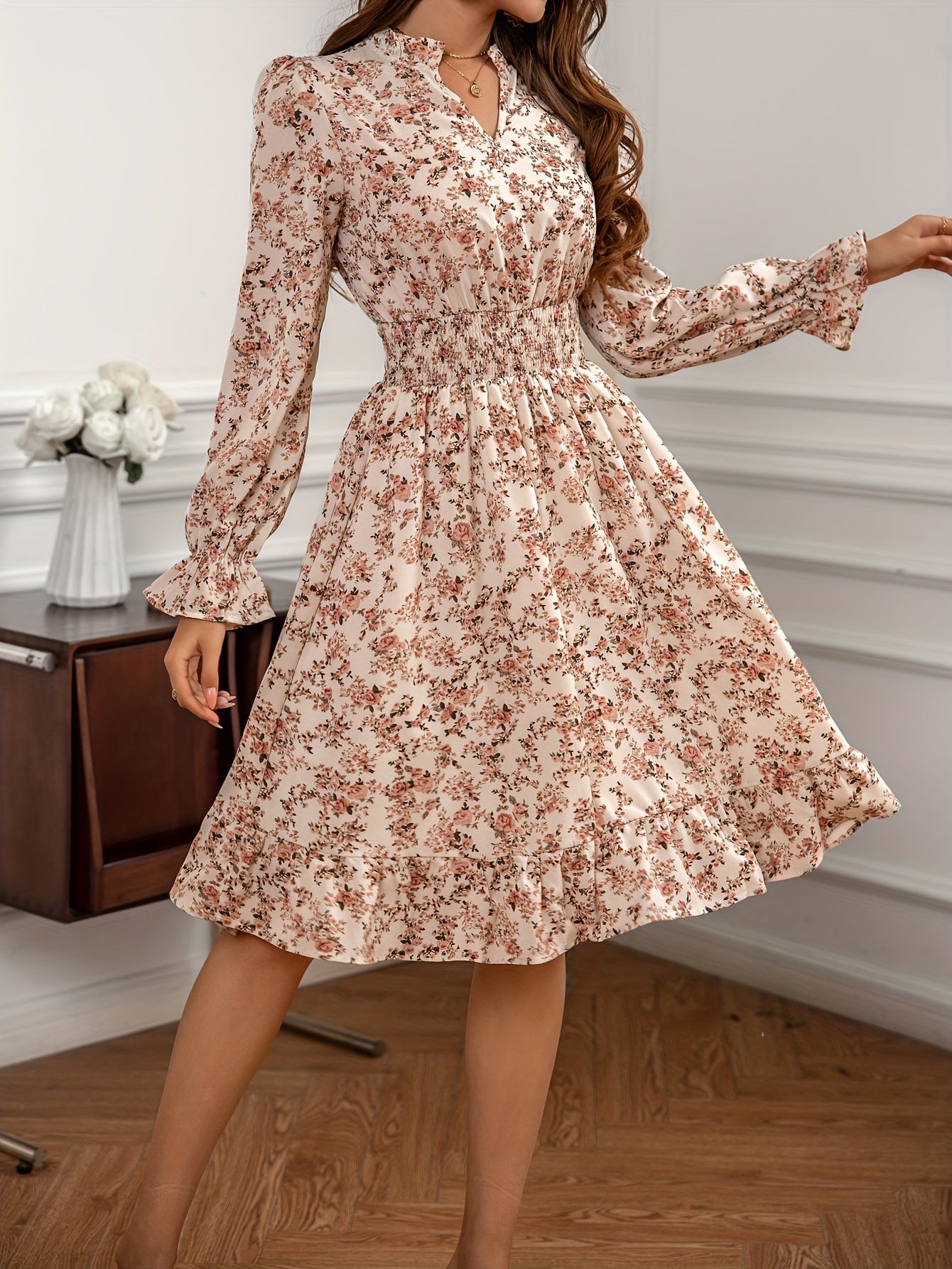Damen Blumenkleid Elegant V-Ausschnitt mit Langen Ärmeln – Festliches Kleid für Hochzeitsgast und Anlässe