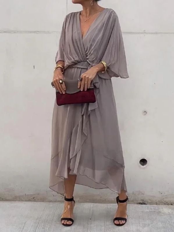 Damen Chiffon Midikleid mit V-Ausschnitt 