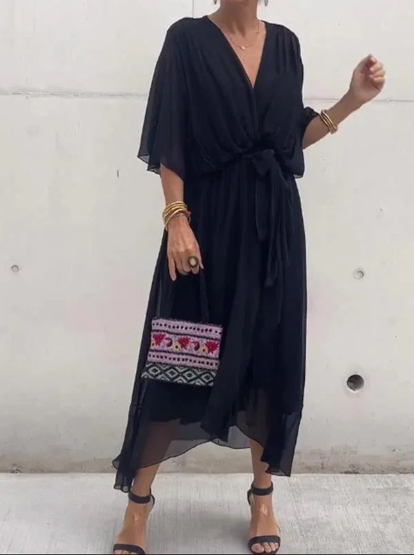 Damen Chiffon Midikleid mit V-Ausschnitt 
