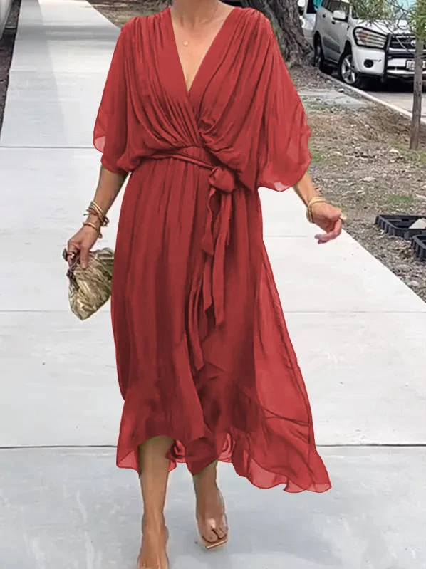 Damen Chiffon Midikleid mit V-Ausschnitt 