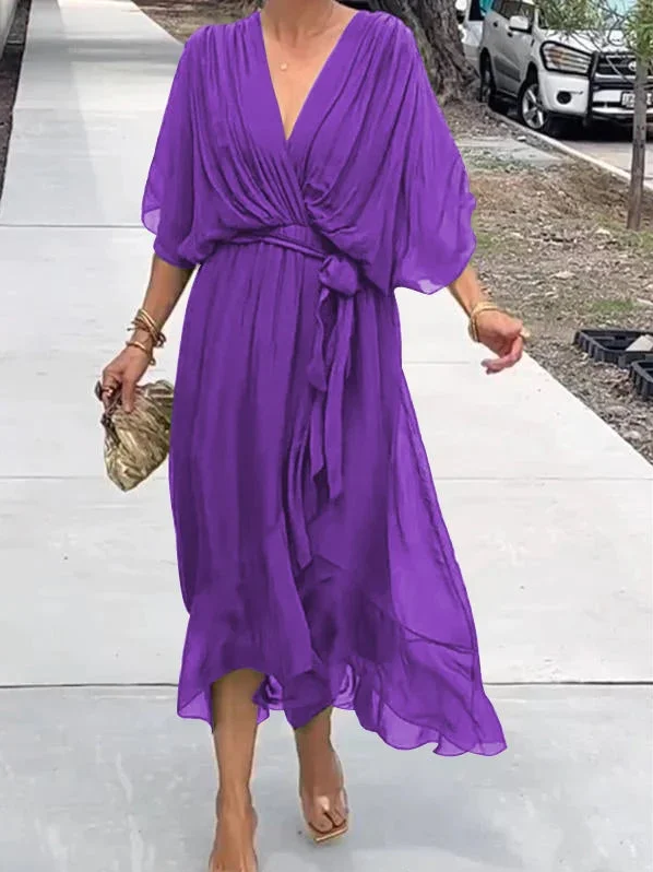 Damen Chiffon Midikleid mit V-Ausschnitt 