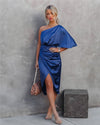 Damen Ein-Schulter Drapiertes Satinkleid – Elegantes Asymmetrisches Midikleid