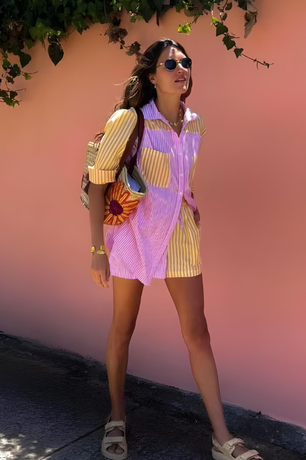 Damen Gestreiftes Button-Down Shirt und Shorts Set - Leichtes, Atmungsaktives Freizeit-Outfit