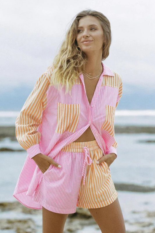 Damen Gestreiftes Button-Down Shirt und Shorts Set - Leichtes, Atmungsaktives Freizeit-Outfit