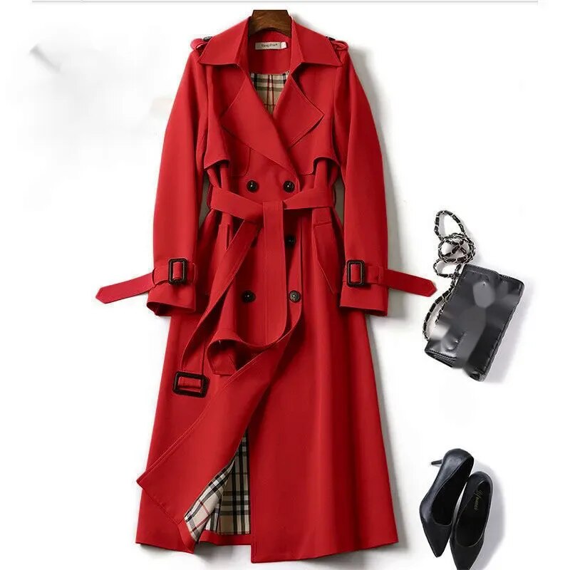 Damen Klassischer Langer Trenchcoat – Doppelreihige Jacke mit Gürtel
