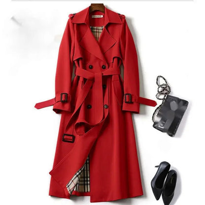 Damen Klassischer Langer Trenchcoat – Doppelreihige Jacke mit Gürtel
